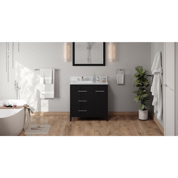 Jeffrey Alexander 36In. Black Katara Vanity, Left Offset, White Carrara Marble Vanity Top, Undermount Rectangle Bowl VKITKAT36BKWCR - main